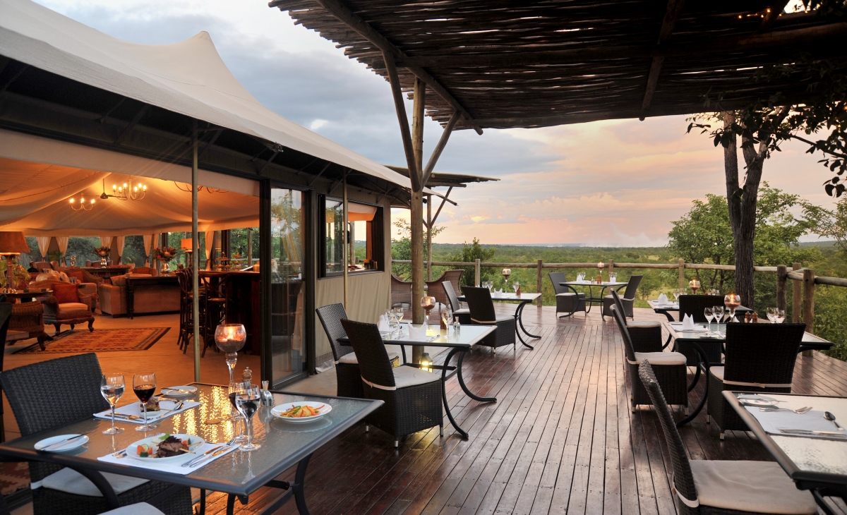 The-Elephant-Camp-dining-area The Elephant Camp's out door dining and viewing deck - one of the best lodges in Victoria Falls